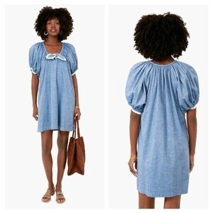 POMANDER PLACE TUCKERNUCK Luca Chambray Blue Tie Front Dress Size Large VGUC